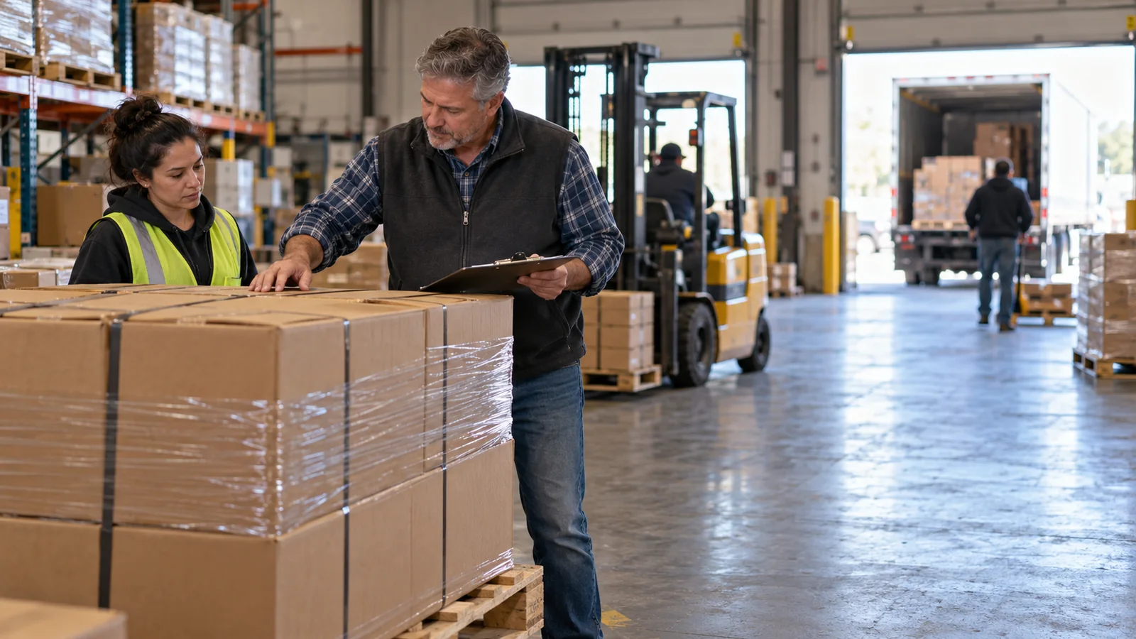 Business owner and warehouse supervisor checking cartons in a working warehouse