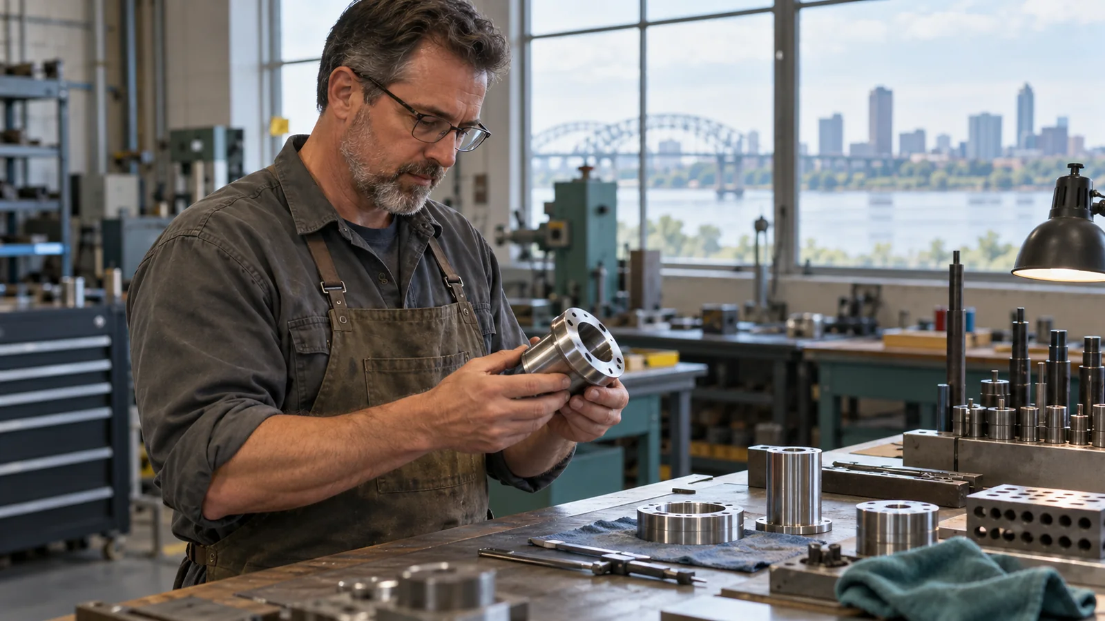 Workshop owner inspecting a metal component at a workbench